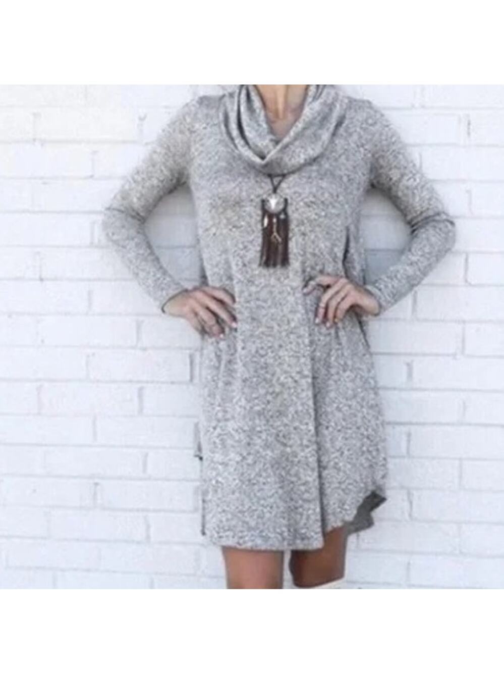 Nine Britton Cowl Neck Hacci Knit Dress Women's L Gray Long Sleeve Short Dress